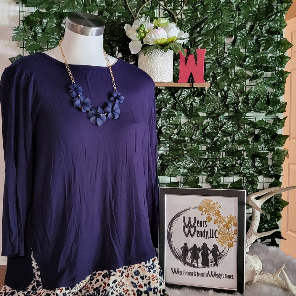 Plus Navy Blue Tunic with Floral Trim